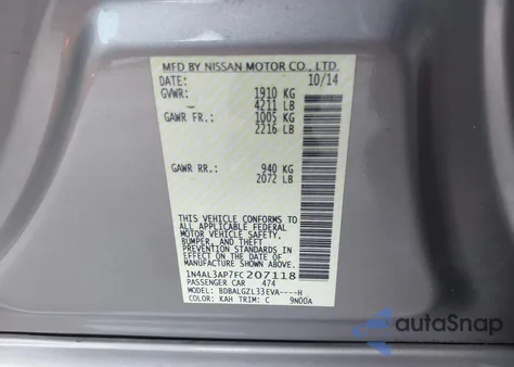 2015 Nissan Altima 2.5 S from USA, damaged, VIN 1N4AL3AP7FC207118